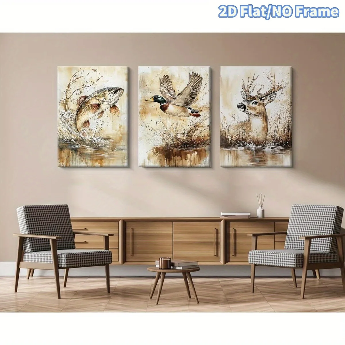 2D Flat, 3pcs Frameless Vertical Modern Farmhouse Animal Wall Art Suitable for Boys' Room, Nursery Hunting Prints with Deer,