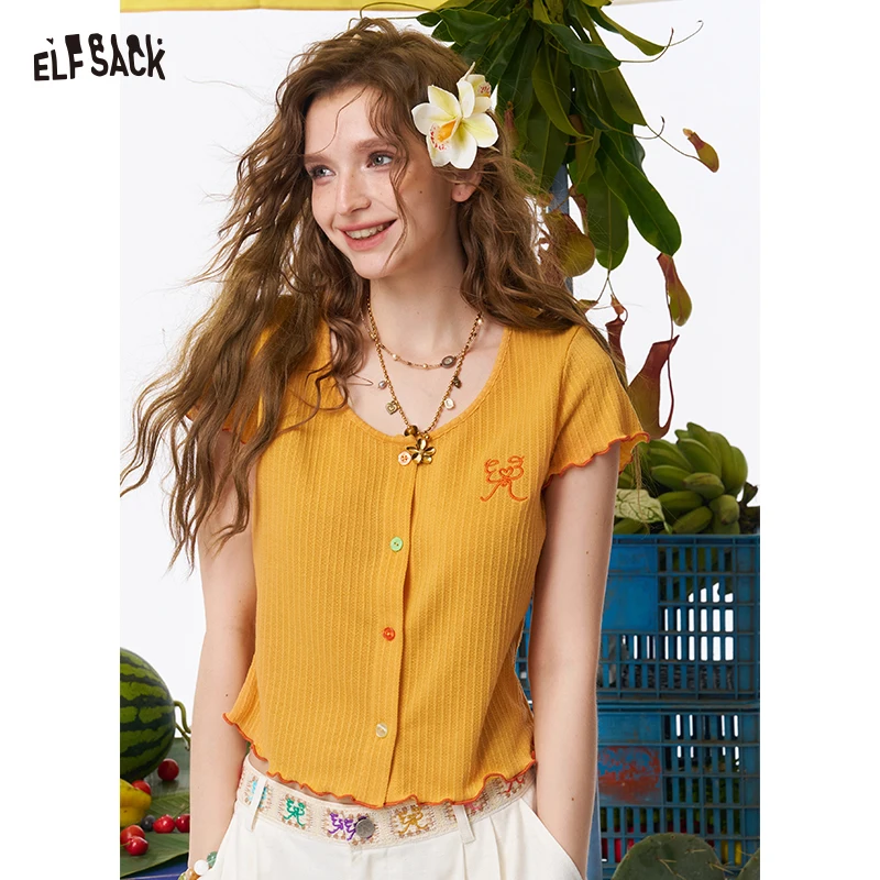 ELFSACK Women's Cropped Short Sleeve Ribbed Knit Tee with Colorful Buttons, Ruffle Trim Embroidery Front Open Top for Summer