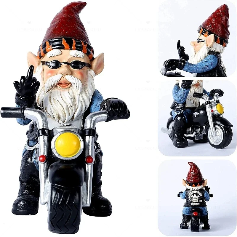 Dwarf Motorcycle Riding Statue White Beard Gnome Sculpture Resin Crafts Outdoor Yard Lawn Ornament Garden Decor Home Decoration