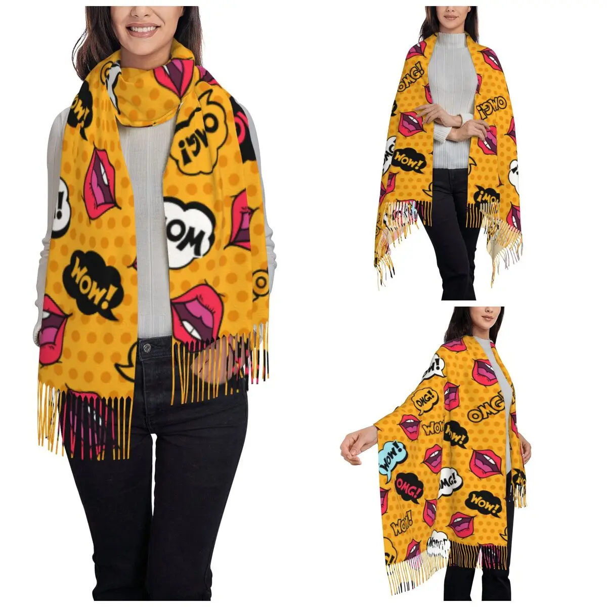 Womens Tassel Scarf Girl Lips Pop Art Comic Style Large Winter Warm Shawl and Wrap Hippie Speech Bubbles Gifts Cashmere Scarf