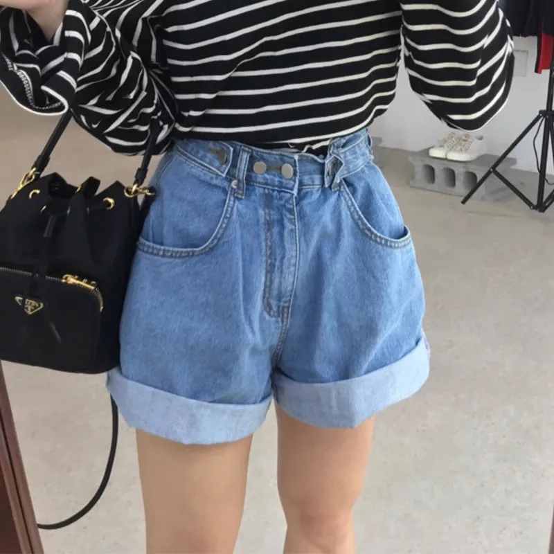 

Korean Fashion Summer Jeans Shorts For Women Pockets Straight Loose Denim Shorts Female DK001