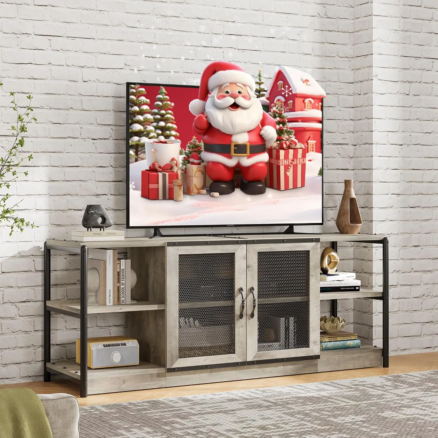 

Тумба под телевизор для телевизоров 65+ дюймов, индустриальный развлекательный центр с 4 полками, тумба для ТВ в стиле фермерского дома с 2 дверцами для гостиной