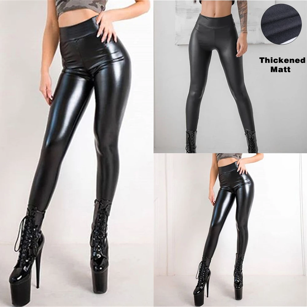 

Women Leggings Fashion PU Leather Pants Stretchy High Waist Leggings Wet Look Clubwear Sexy Black Plus Size Full Length Trousers