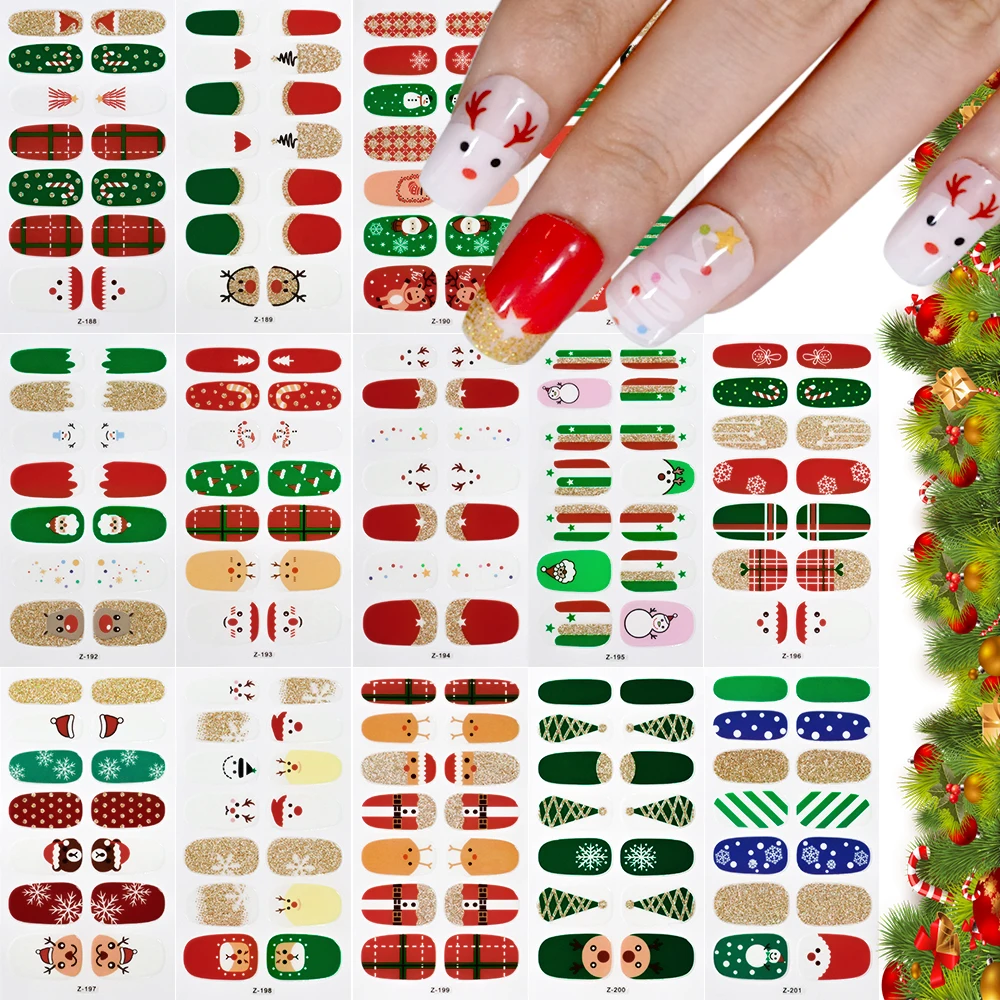 14Sheets*14Tips Glitter Powder Christmas Nail Polish Stickers Santa Claus Elk Snowflake Nail Strips Baking Free Manicure Sliders