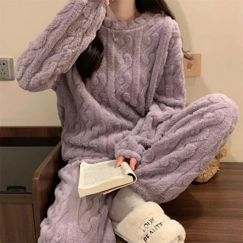 Female Pink Flannel Pajamas Set Thicken Coral Fleece Trouser Suit Sleepwear Winter New Warm Nightwear Lounge Wear Loose Homewear