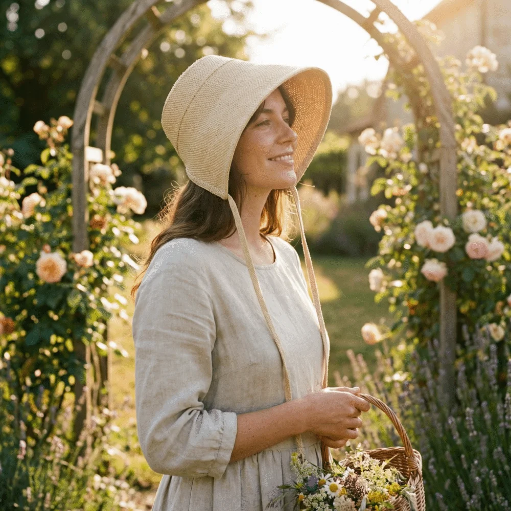 

Lace Up Closure Linen Straw Bonnets Geometric Pattern Bow Accent Sun Protection Hat Breathable Round Top Wide Brim Cloche Hat