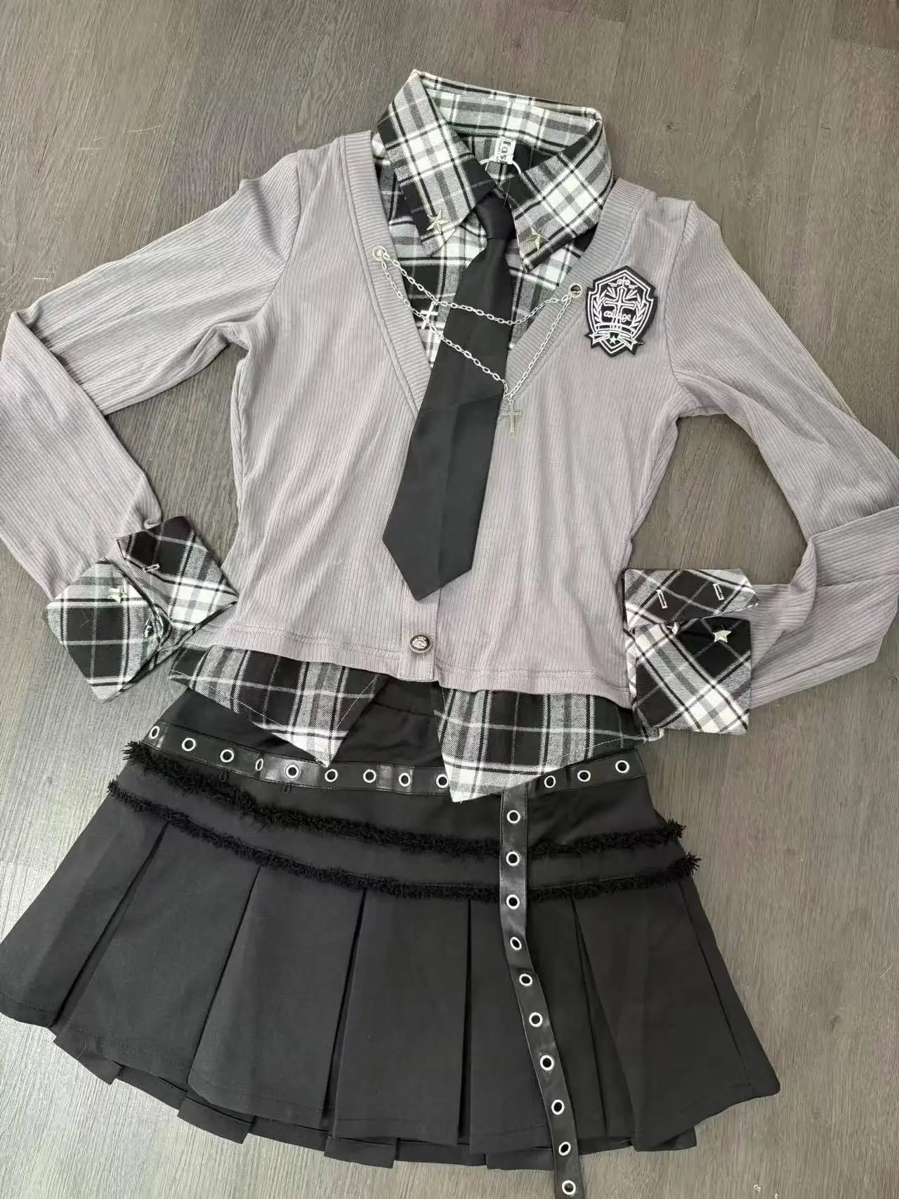 القوطية خمر 2 قطعة تنورة مجموعة حار الفتيات منقوشة المرقعة وهمية اثنين القمم شارع العليا Y2k تنورة صغيرة نمط Preppy مجموعة الموضة #5