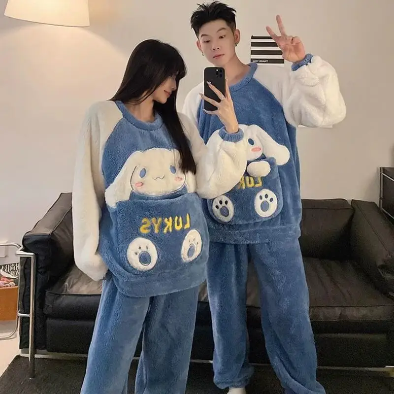 Cartoon Sanrios Kuromi Cinnamoroll Pajamas Women Men Thickened Coral Velvet Anime Pochacco Winter Warm Couple Soft Home Clothes