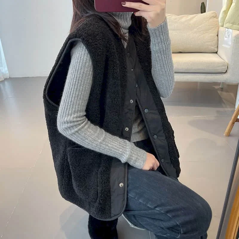 Fleece Waistcoats for Women Plush Vests O-neck Casual Sleeveless Cardigans Oversized Wear Both Sides Jackets Loose Women Tops