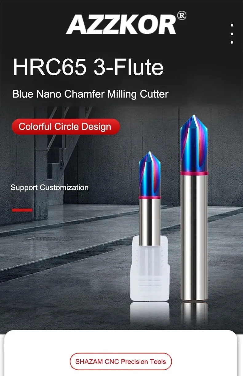 AZZKOR HRC60 60 ° 90 ° 120 ° Gerader Nut-Fasenfräser aus Hartmetall mit blauer Nano-Beschichtung für CNC-Bearbeitung – Detail 1
