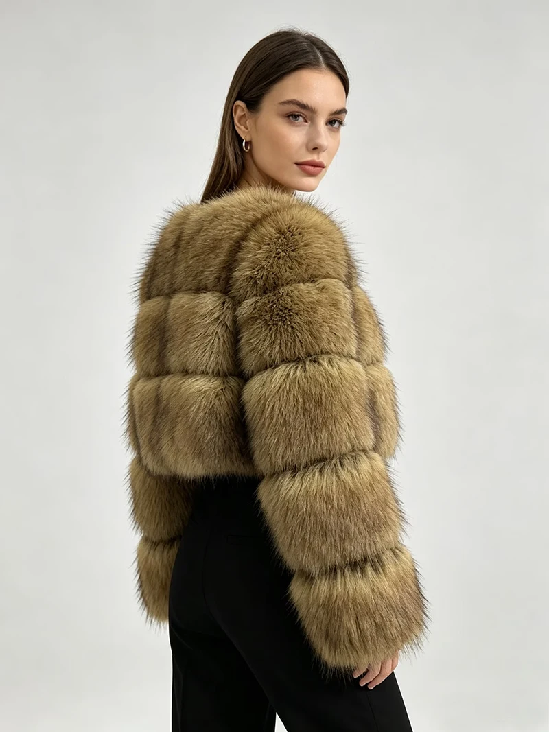 ZADORIN New Luxury Cropped Faux Raccoon Fur Coat Woman Winter Fashion O Neck Long Sleeve Short Fluffy Faux Fur Jacket Coats Tops