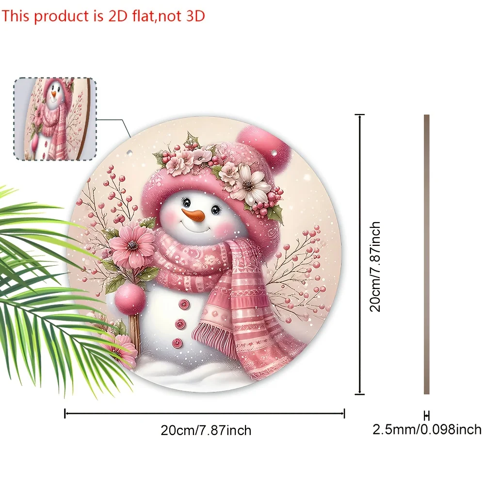 2D Flat, 1pc Pink Christmas Snowman Wooden Sign - Charming Christmas Round Sign for Front Door, Wall Hanging Decor - Ideal Chris