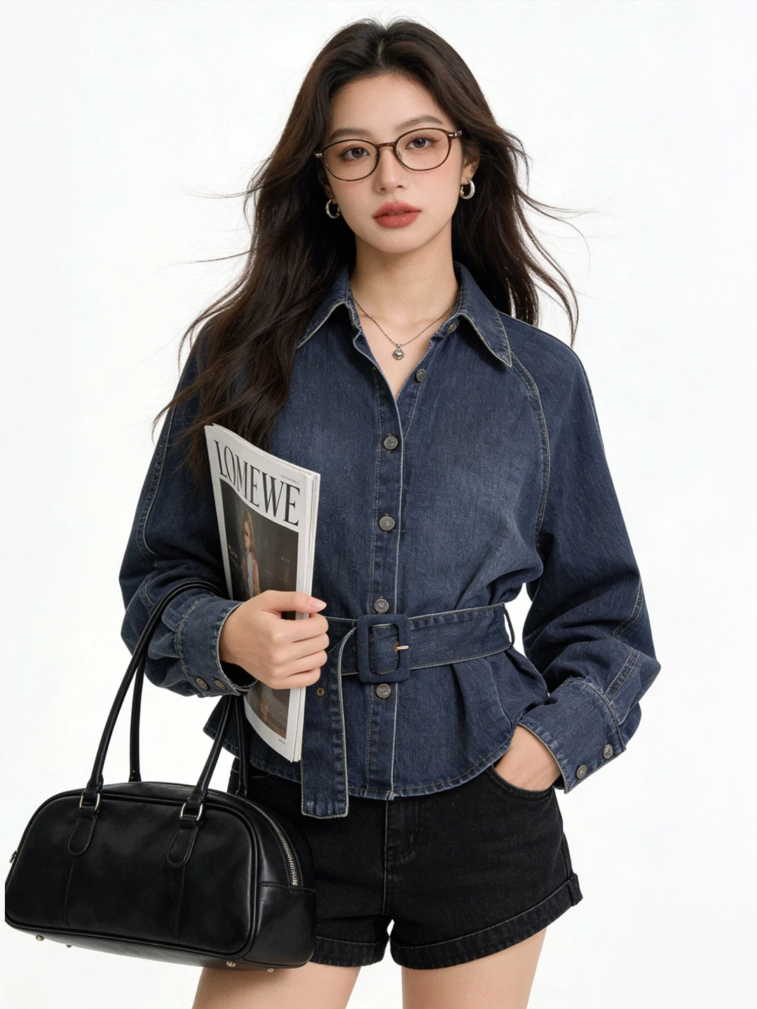 

Retro Faded Denim Jacket Korean Style Commute Collar Slimming Waist Early Spring New Style Korean System Slim Shirt Women
