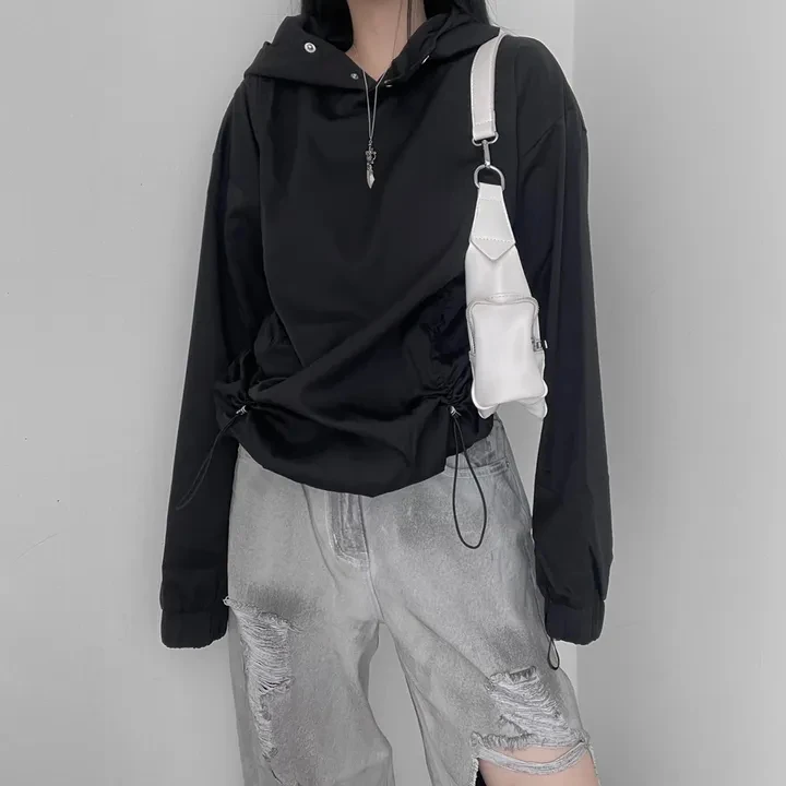 

Street Sle Autumnal Casual Hooded Coat with Dstring And Pleats Long Sve ort Length Other Material Women's Windbreaker