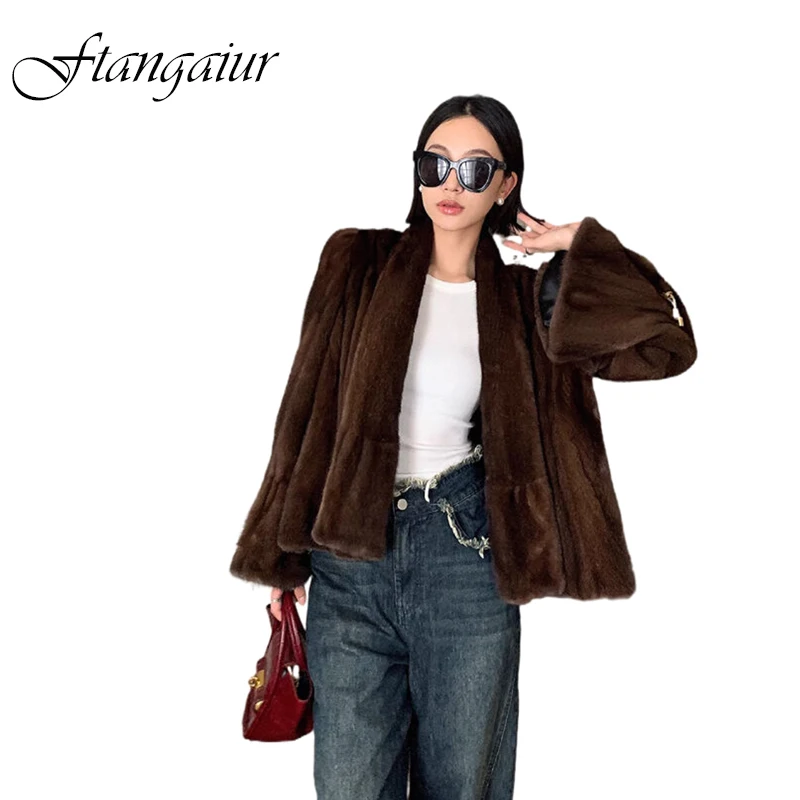 Ftangaiur Winter Coat For Women Import Velvet Mink Fur Coat Women's Full Sleeve Coffee Color V-Neck  Real Mink Fur Short Coats