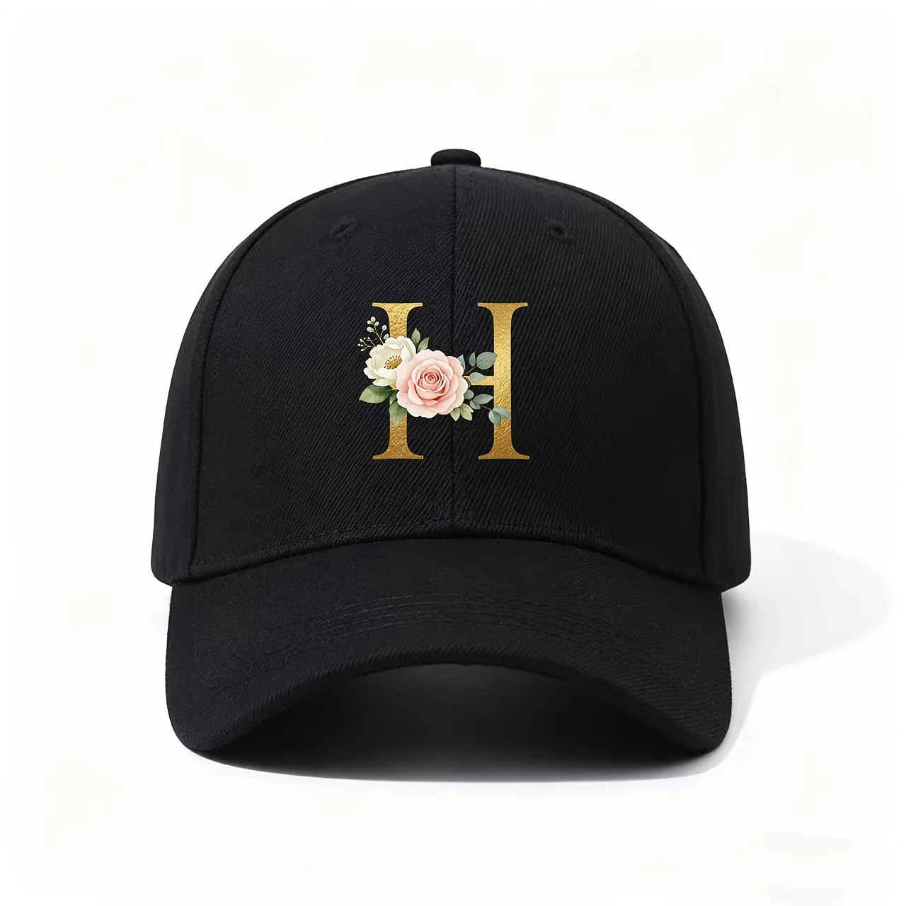 Adjustable Baseball Cap with Golden H & Pink Rose Floral Watercolor Print - Wedding Blessing Gift, Soft Suitable for Wedding, Ho