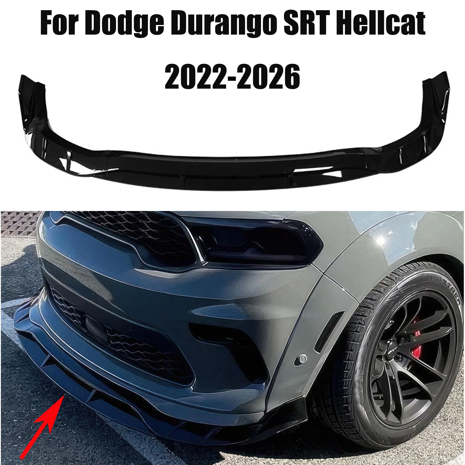 For Dodge Durango SRT Hellcat 2022-2026 Front Bumper Lip Splitter Spoiler Bodykit Carbon Fiber Look Glossy Black
