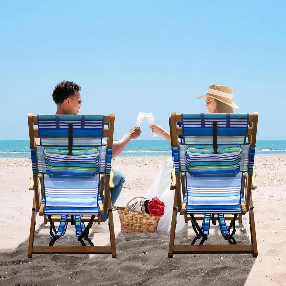 كرسي خارجي قابل للطي من خشب السنط مع 3 أوضاع، مقعد حبال، وسادة، جيب بسحاب، حزام حمل - سعة 225 رطلاً لـ #5