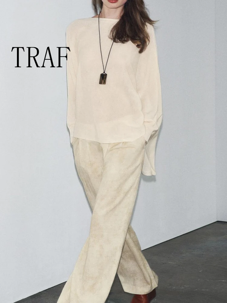 

TRAF European and American style autumn new fashion trend women's loose casual long-sleeved simple plain knit sweater