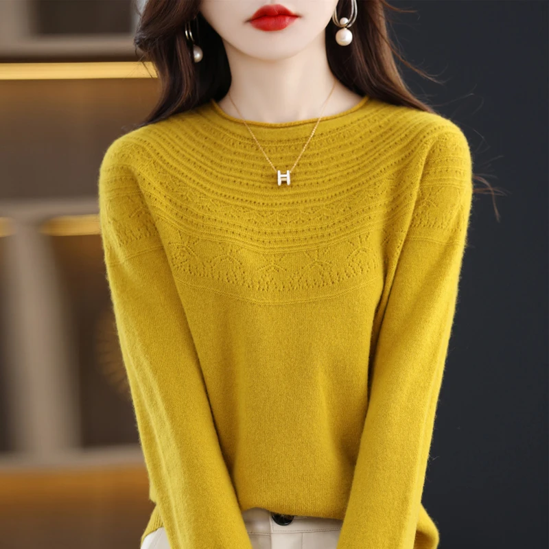 100% Merino Wool Seamless Cashmere Sweater Women\'s O-Neck Hoodie Autumn/Winter New Knitted Sexy Hollow Wool Sweater NJR1107