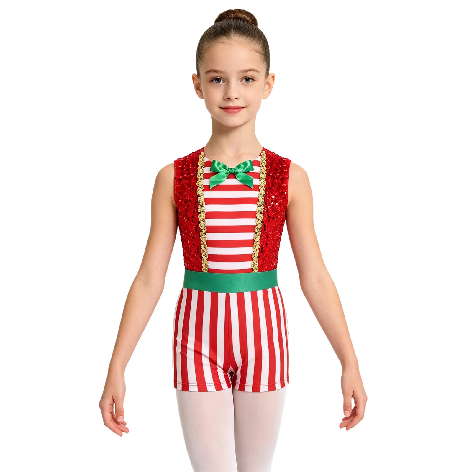 Girls Ballet Dance Leotard Christmas Candy Cane Rhythmic Gymnastics Costume Shiny Sequins Striped Bodysuit for Holiday Party