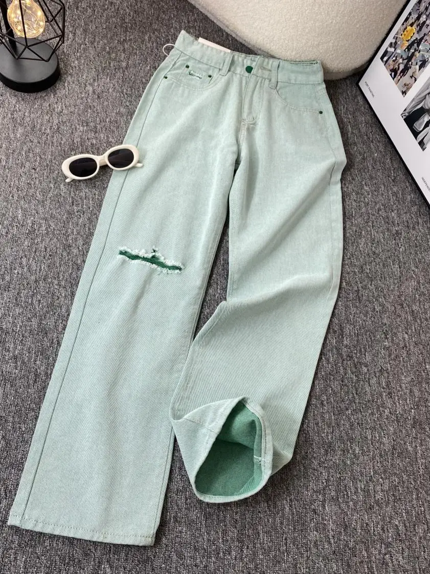 

Slim Straight Jeans High Waist Long Trousers for Short Girls Green Denim Pants Tear Style Spring Autumn Fashion Women's Wear