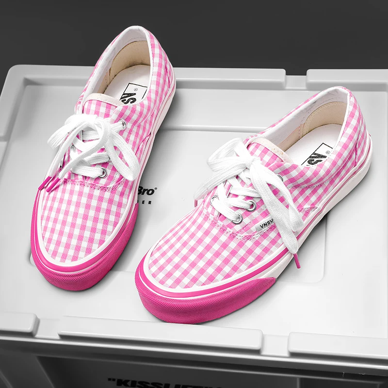 Women Canvas Shoes Fashion Korean Style Skateboarding Shoes Low Top Gingham Casual Sneakers Comfortable Pink Women Skate Shoes