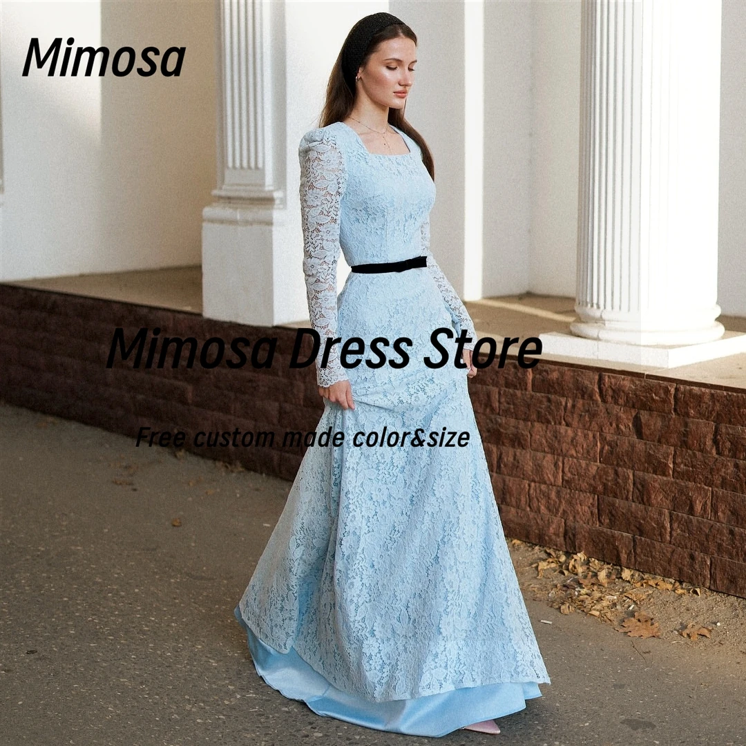 فساتين ميموسا الدانتيل الكامل للحفلات الراقصة والولائم ورقبة مربعة وأكمام طويلة فساتين سهرة بسحاب خلفي فستان زفاف العروس حسب الطلب