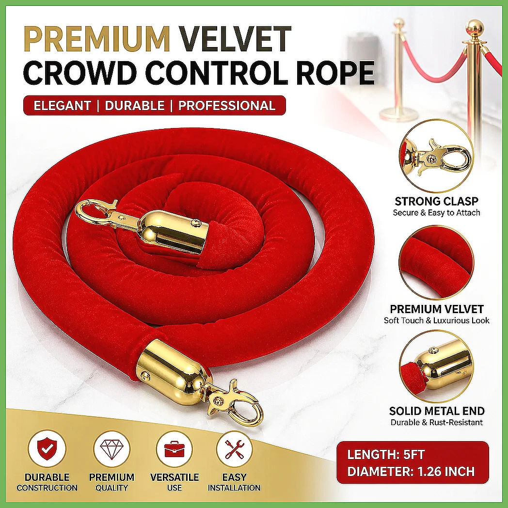 Velvet Stanchion Rope 1-1.5M Crowd Control Barrier with Snap Hooks Cordon Lanyard for Hotel Queue Divider Posts Stand