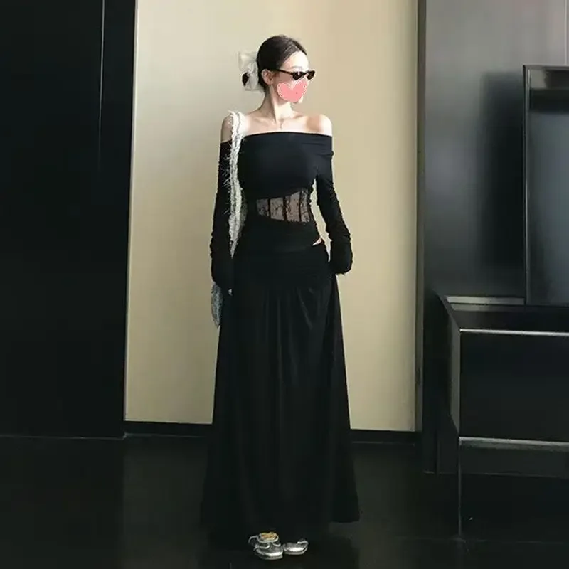 

Coalfell Spring Temperament Celebrity One-line Neck Hollowed Out Top Long Skirt A Whole Set of Dress Two-piece Set