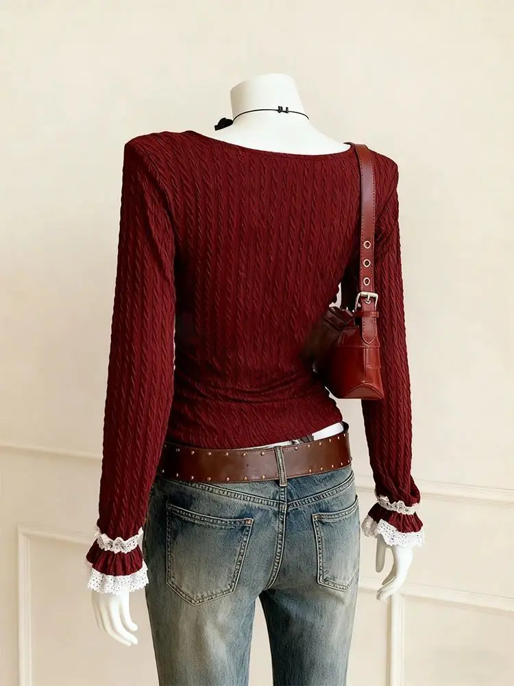 Camisetas Vintage ajustadas Y2k para mujer, camisetas cálidas de diseño francés con encaje Retro de retazos, camisetas finas de manga larga para chica 2026