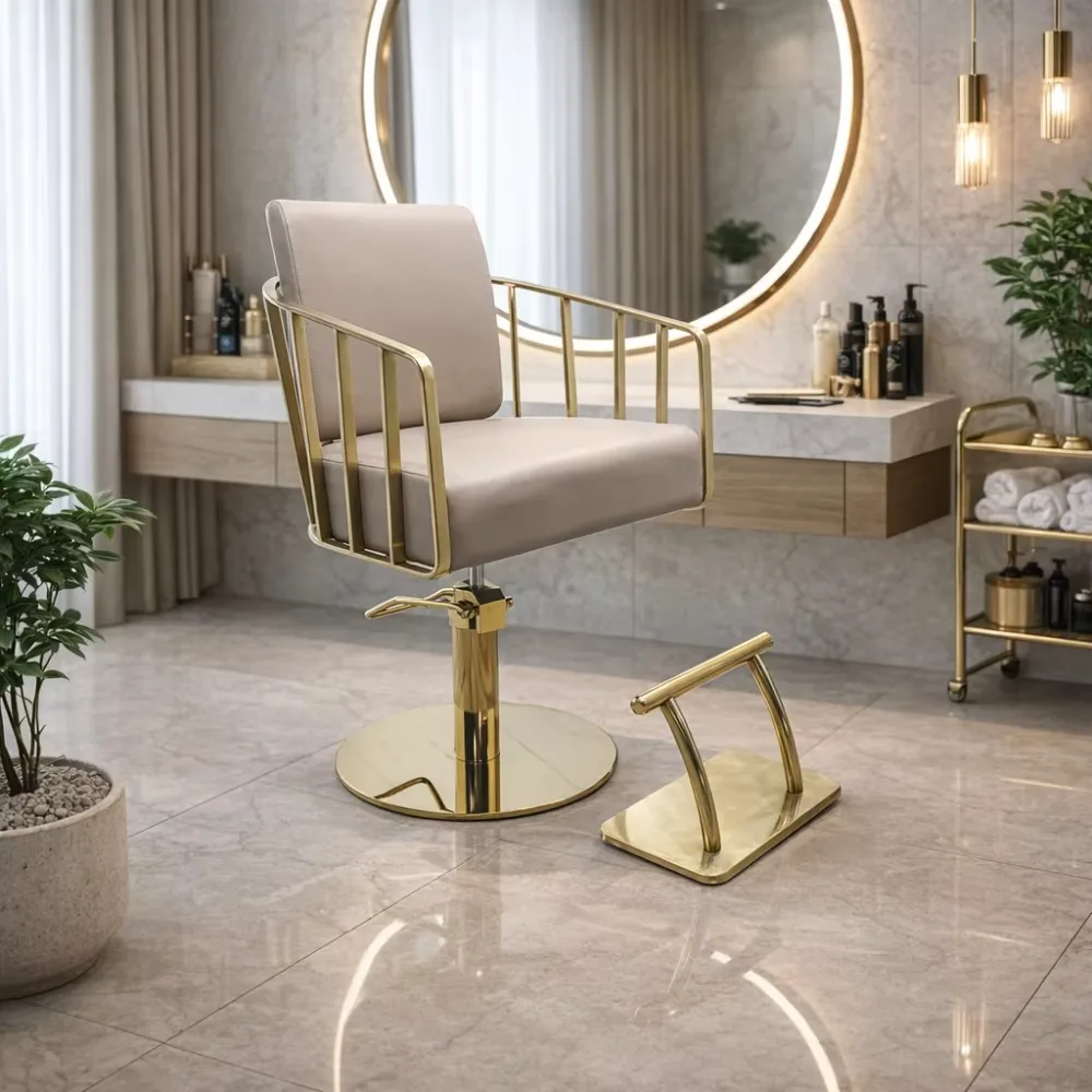 Modern Salon Styling Chair Gold Frame Luxury Hair Cutting Chair With Footrest Barber Chair