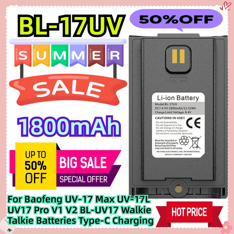 

Для Baofeng UV-17 Max UV-17L UV17 Pro V1 V2 BL-UV17 аккумуляторы для рации 1800 мАч Type-C зарядка