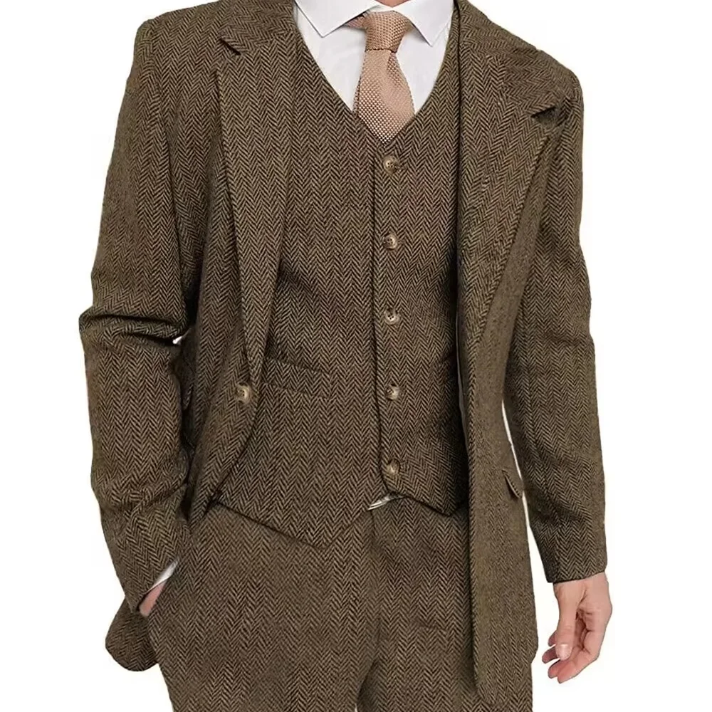 بدلة رسمية للرجال من جلد القرش البني من التويد مكونة من 3 قطع سترة للتدخين وبنطلون للأعمال وحفلات الزفاف #3