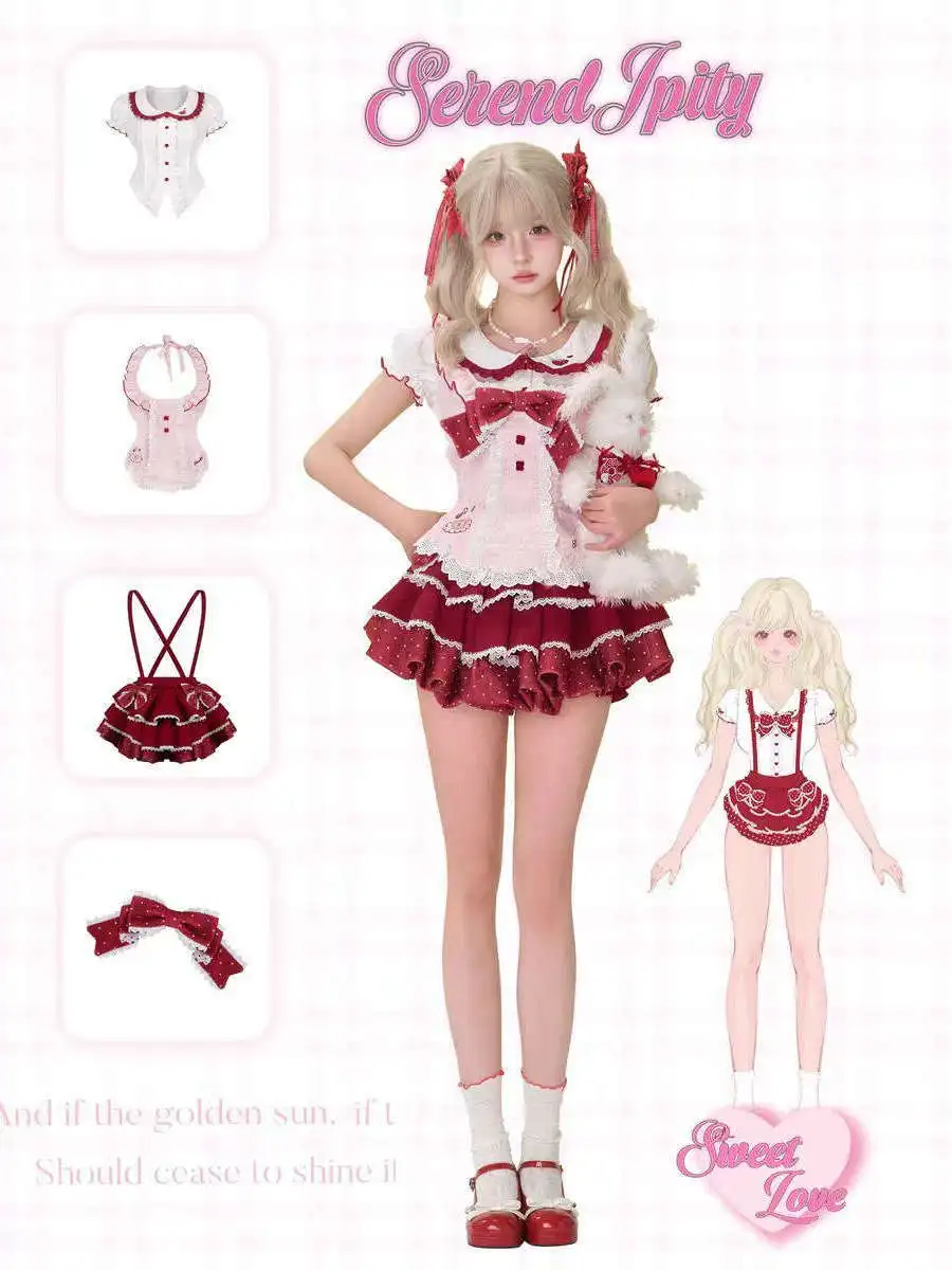 Summer New Sweet Polka Dot  Knot Lace Ne Apron Doll Collar Top Overalls Tee Piece Set for Young Women Teenagers