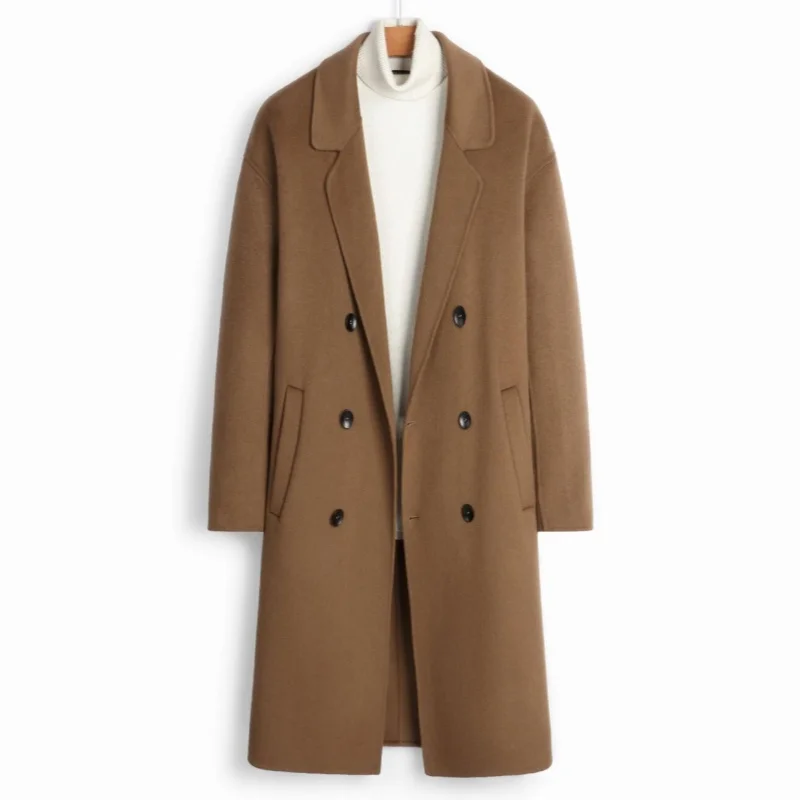 

Men's Woolen Coat Double-breasted Basic Loose Casual Retro New Long Double-sided Men Overcoat Autumn Winter