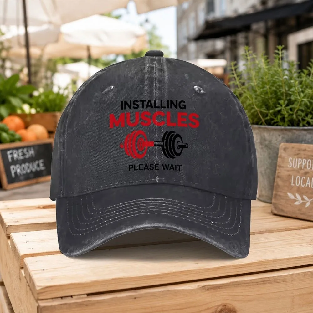 Installing Muscles Please Wait Washed Baseball Cap Unisex Casual Fitness Outdoor Street Style Hat