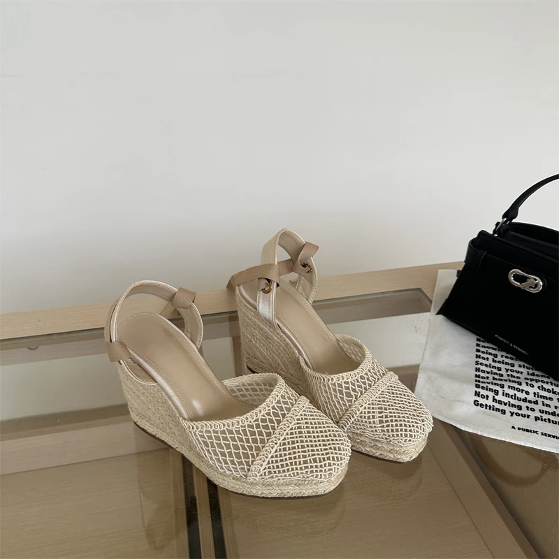 Ladies Summer Sandals Brown Wedges Heels For Woman Closed Shoes Cross Strappy Platform Sandals Chunky Heeled Beige Shoes - view 6