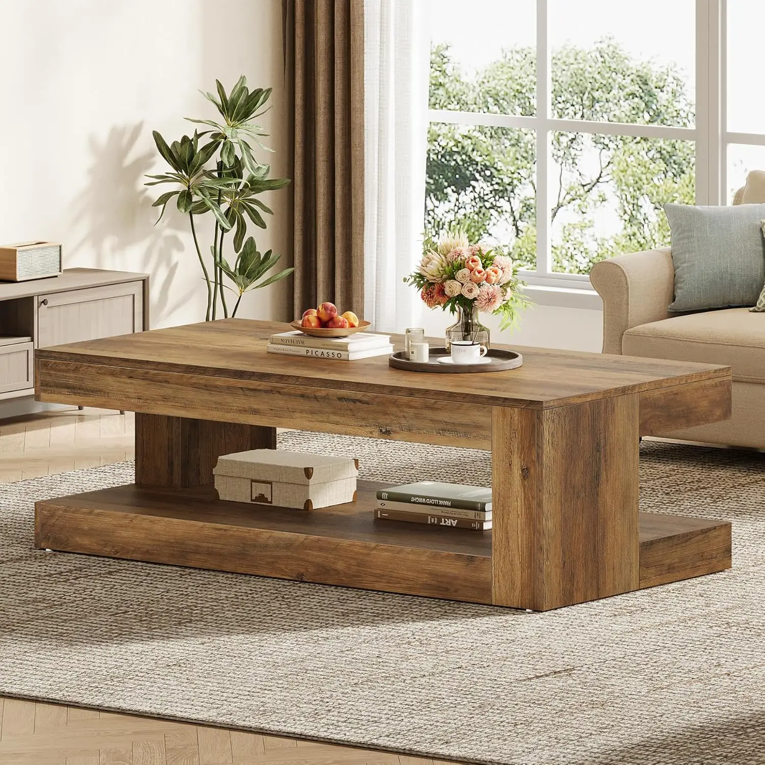 

47.24" Brown 2-Tier Rectangle Coffee Table Storage Shelf Living Room Farmhouse, Customized