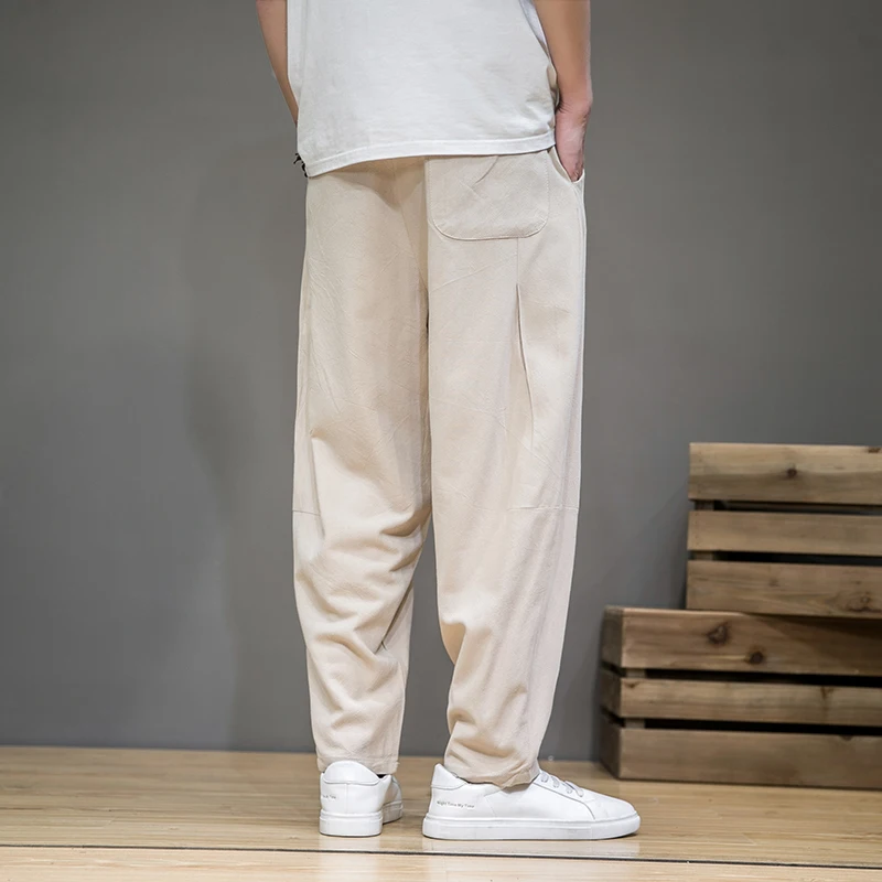 Pantalones bombachos de lino y algodón para hombre, pantalón informal de cintura elástica, holgado, tradicional chino, Primavera