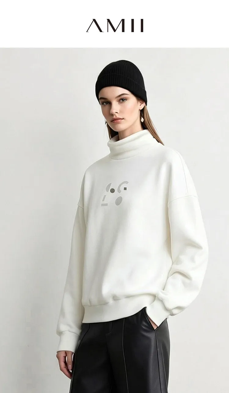 Amii Mock Neck Fleece Lined Sweatshirt Drop Shoulder Oversized Slimming Casual Minimalist Winter Women's Sweaters 12614002