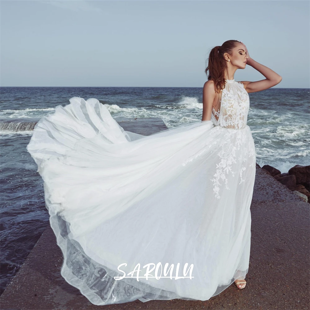 

Beach Wedding Dress for Women Halter Lace Boho Bride Dresses Sleeveless Illusion Tulle Bohemian Bridal Gown Plus Size