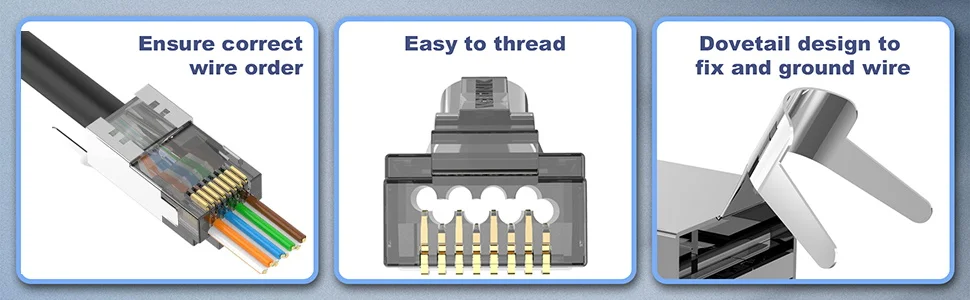 ZoeRax CAT6A CAT7 Steckverbinder, RJ45-Steckverbinder Pass-Through CAT6A CAT7 geschirmt, 3-polig mit Zugentlastungsstiefeln, Schwarz – Detail 4