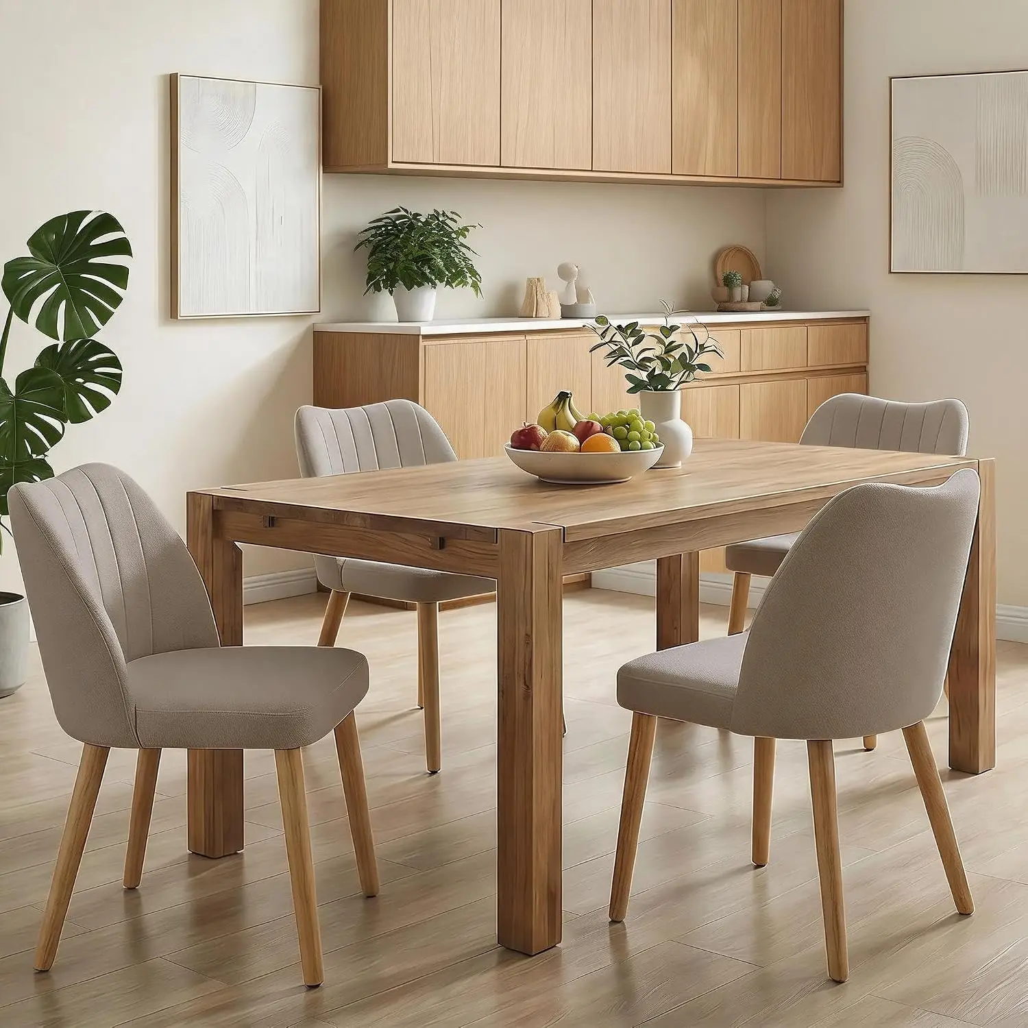 Wooden Dining Chairs Set of 4, Dining Room Chairs with Wood Legs | Upholstered Armless Kitchen Chairs with Back Thick Cushions for Kitchen/Living Room/Restaurant, Tool-Free Assembly, Camel