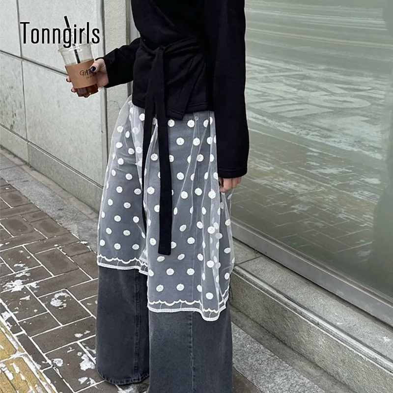 Tonngirls Korean Style Skirt Women See Through Mesh Skirt Dot Lace Up Thin Lace Collocation Ladies Skirt Y2k 2000s Streetwear