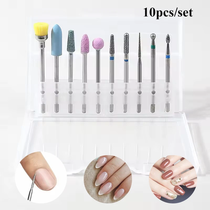 

10pcs/Set Diamond Naill Drill Bit Rotary Cuticle Burr Milling Cutter Drill Bit for Manicure Nail File Machine Cuticle Clean Tool