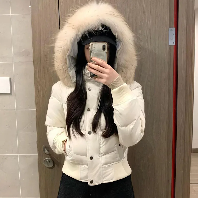 Winter Warm Short Fur Collar Parkas Women Korean Stand Collar Hooded Fleece Lined Jacket Streetwear Fashion Thicken Cotton Coats