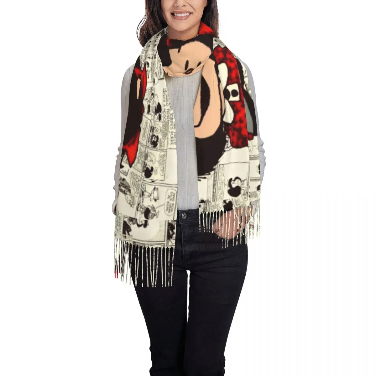 Cartoon Mafalda Shawl Wrap for Ladies Winter Large Long Scarf Pashminas Tassel Scarves