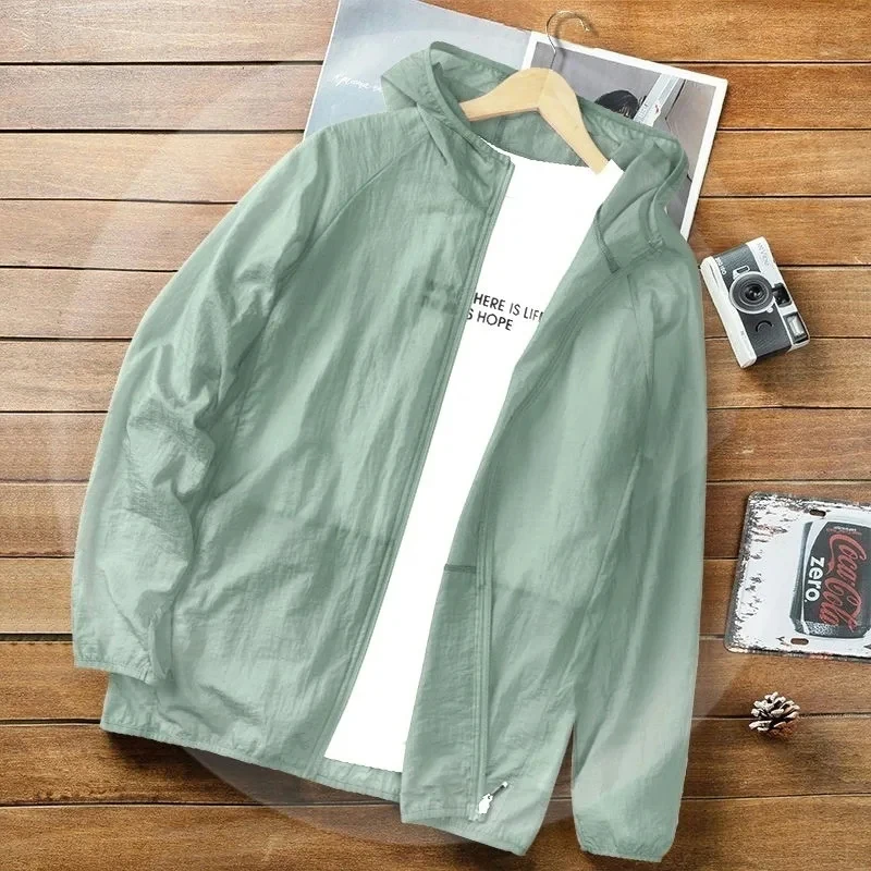 Ropa elástica de seda helada para hombre, Abrigo con capucha ultrafino, protección solar, chaquetas de pesca para deportes al aire libre, Verano