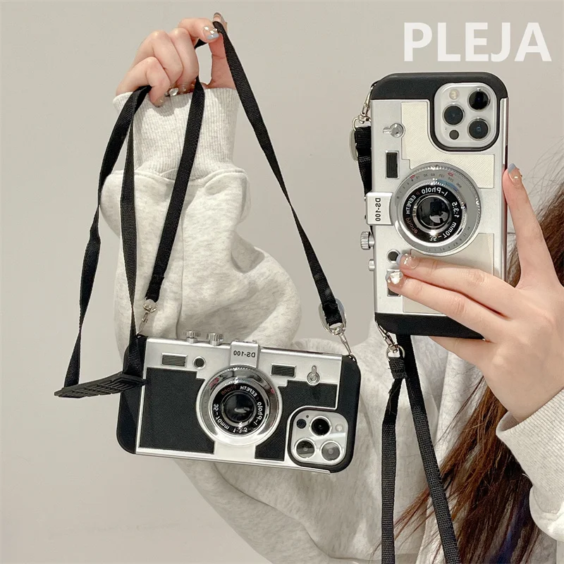 Fashion Crossbody Strap 3D Camera Phone Case For Samsung Galaxy S23 Ultra S21 S22 Plus Note 20 Ultra Cover Cute Cases Soft Funda